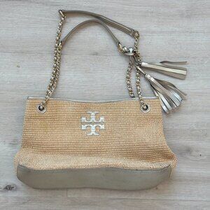 Tory Burch Woven Shoulder Bag Purse Tote Gold Accents Tassels Natural
